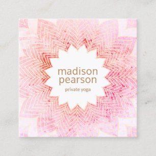 Cartão De Visita Quadrado Pink Watercolor Lotus Mandala Flower Yoga Professo