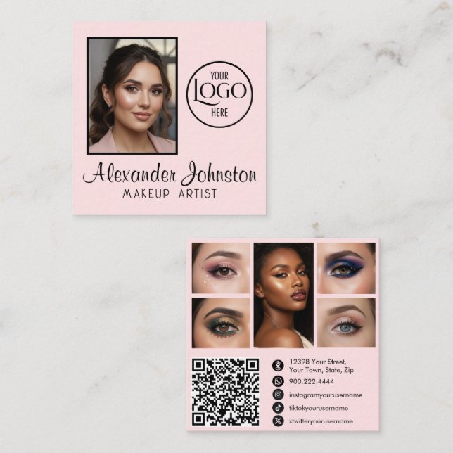 Cartão De Visita Quadrado Pink White & Black Script Makeup Photo Personalize (Frente/Verso)
