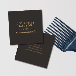 Cartão De Visita Quadrado Pino de Cabelo Dourado Mínimo Elegante Escuro