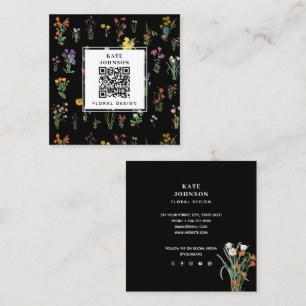 Cartão De Visita Quadrado Pintura em Aquarela de Flores Silvestres Preta Des