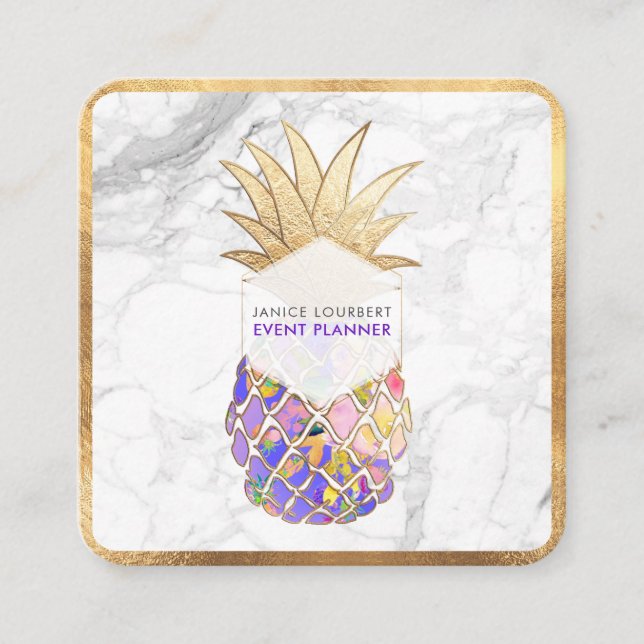Cartão De Visita Quadrado Pix Dezines ALOHA PINEAPPLE/FAUX DOURADO/MARBLE (Frente)