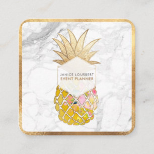 Cartão De Visita Quadrado Pix Dezines ALOHA PINEAPPLE/FAUX DOURADO/MARBLE