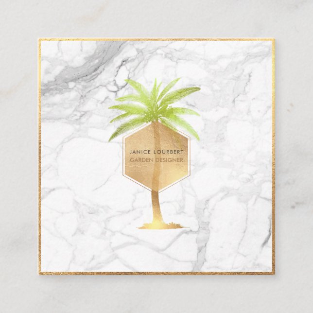 Cartão De Visita Quadrado PixDezines FAUX DOURADA PALM TREE+MARBLE (Frente)