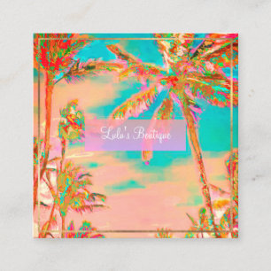 Cartão De Visita Quadrado PixDezines Havaiano Antigo Praia/Rosa/Turquesa