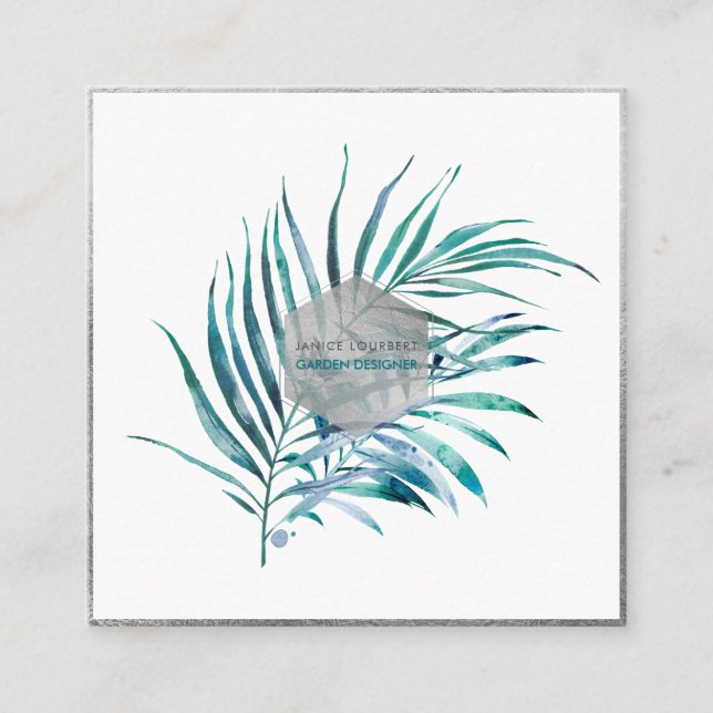 Cartão De Visita Quadrado PixDezines PALM FRONDS, TEAL BLUE (Frente)