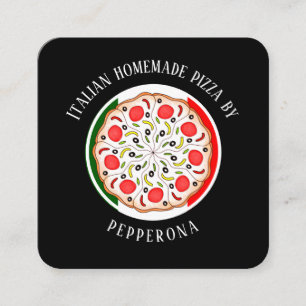 Cartão De Visita Quadrado Pizza de pepperoni bandeira italiana preta profiss
