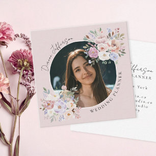 Cartão De Visita Quadrado Planejador de Casamento Rosa Bege Floral Foto Pers