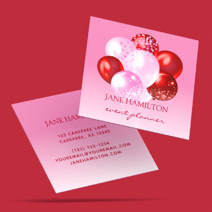Cartão De Visita Quadrado Planejador de Eventos Balões Rosa Vermelho