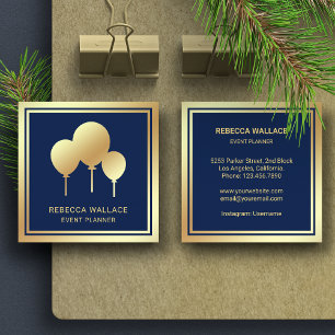 Cartão De Visita Quadrado Planejador de Eventos do Partido Blue Gold Foil Ba
