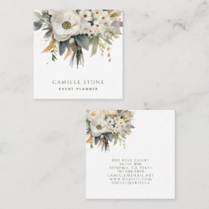 Cartão De Visita Quadrado Planejador de Eventos Preto Floral Elegante