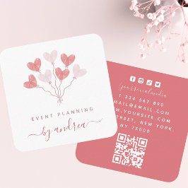Cartão De Visita Quadrado Planejador de Eventos QR Code Balões de Coração co
