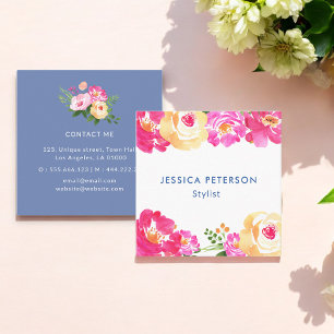 Cartão De Visita Quadrado Planner de Casamento Floral Branco Rosa