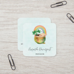 Cartão De Visita Quadrado Plantador Whimical com Rainbow & Clover