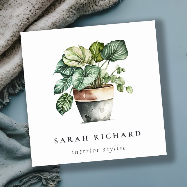 Cartão De Visita Quadrado Plantas De Casa Verde Potente Aquarela Botânica (Criador carregado)