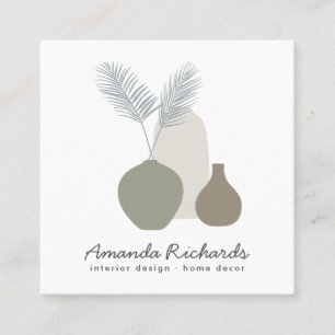 Cartão De Visita Quadrado Plantas modernas de decor de cerâmica boho verde p