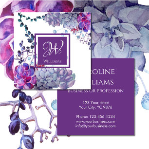 Cartão De Visita Quadrado Plantas Suculentas Elegantes em Aquarela Azul Roxo