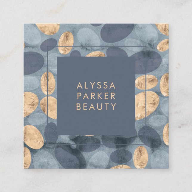 Cartão De Visita Quadrado Pontos azuis Glam com ouro (Frente)