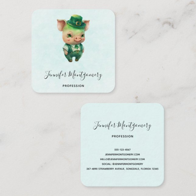 Cartão De Visita Quadrado Porco de Fairytala Verde em Rico (Frente/Verso)