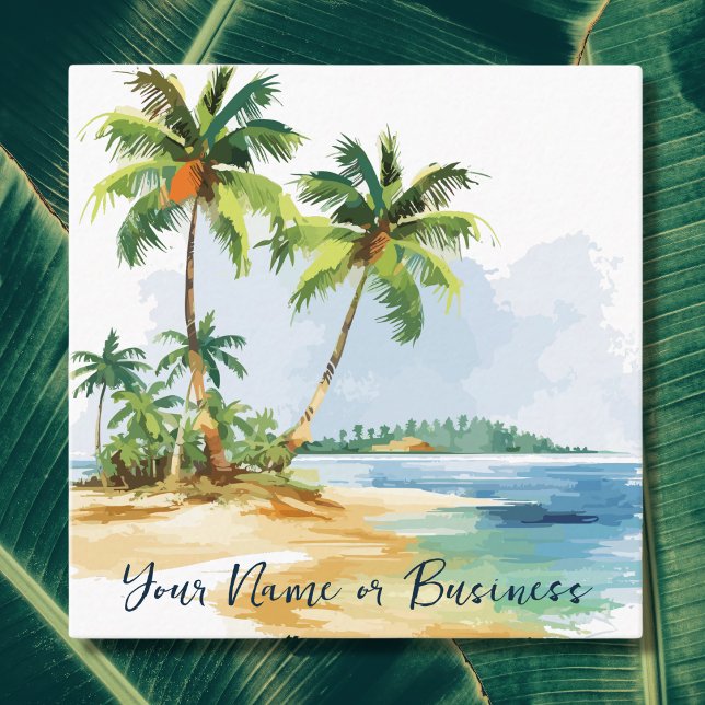 Cartão De Visita Quadrado Praia de Palmeiras Tropicais de Aquarelas (Front - Watercolor Tropical Palm Trees Beach Square Business Card)