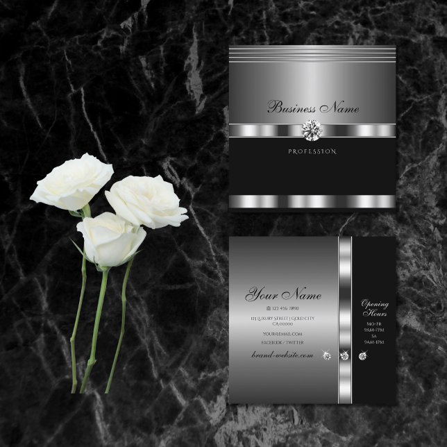 Cartão De Visita Quadrado Prata de luxo e preto com diamantes espumantes (Criador carregado)