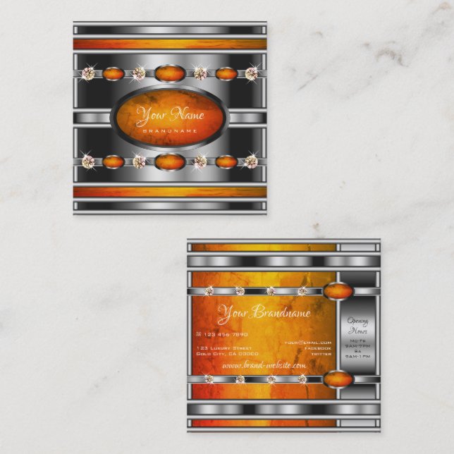 Cartão De Visita Quadrado Prata glamourosa com mármore laranja e diamantes (Frente/Verso)
