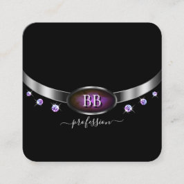 Cartão De Visita Quadrado Prata preta moderna, púrpura, com diamantes monogr
