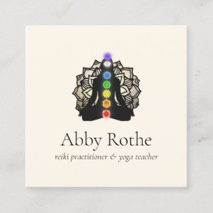Cartão De Visita Quadrado Praticante de Yoga Reiki com Chakras Lotus