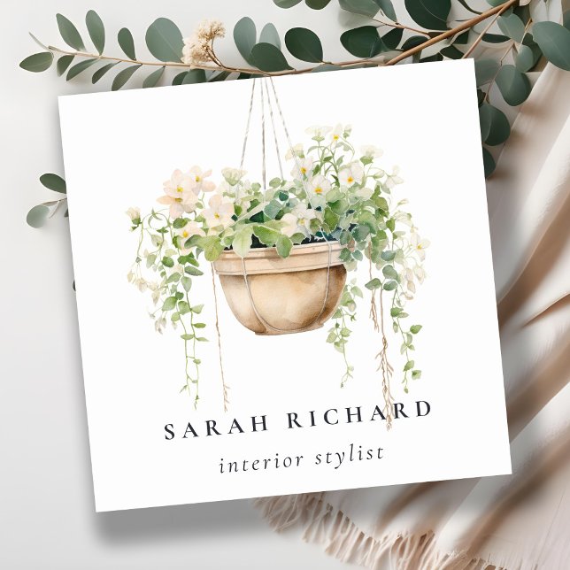 Cartão De Visita Quadrado Prendendo Plantas De Casa Floral Aquarela Botânica (Criador carregado)
