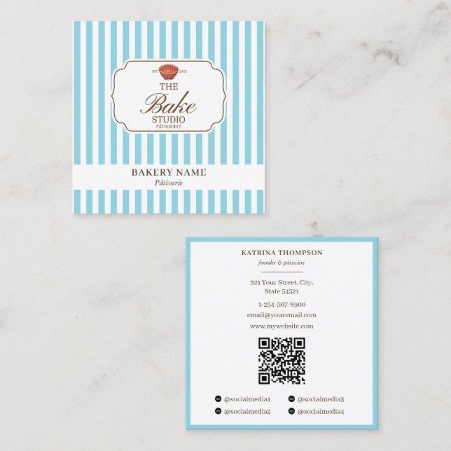 Cartão De Visita Quadrado Preppy Brown & Blue Stripes Bakery Logo QR Code (Frente/Verso)