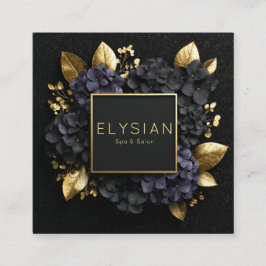 Cartão De Visita Quadrado Preto e Dourado Floral Geométrico Hortênsia
