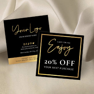 Cartão De Visita Quadrado Preto e Dourado Obrigado Oferecer Desconto do Logo