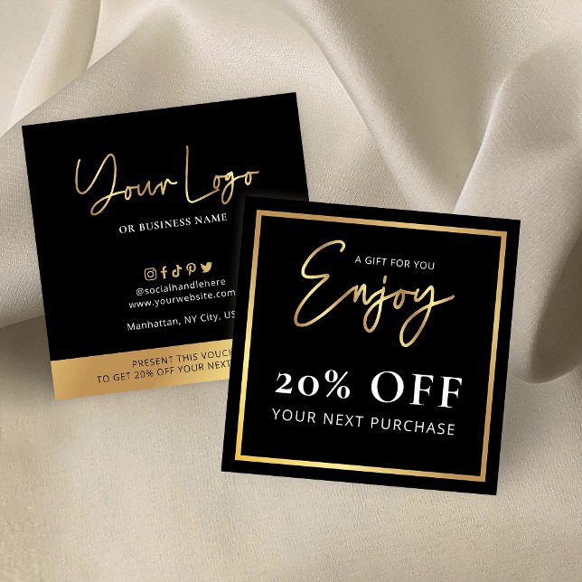 Cartão De Visita Quadrado Preto e Dourado Obrigado Oferecer Desconto do Logo (Black and gold business discount cards with logo, a great way to send a gift to your customers)