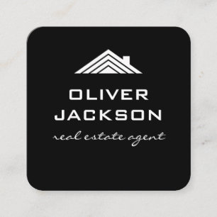 Cartão De Visita Quadrado Preto Imobiliário Branco  Realator de Telhado