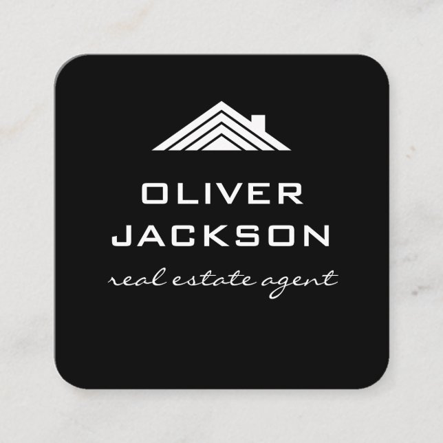 Cartão De Visita Quadrado Preto Imobiliário Branco | Realçador de telhados (Frente)
