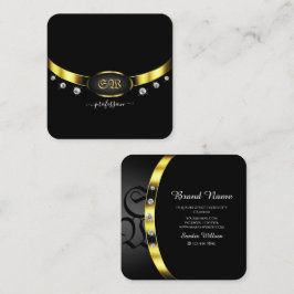 Cartão De Visita Quadrado Preto Luxurioso e Dourado com Ouros Monográficos