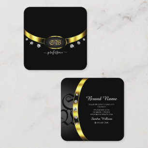Cartão De Visita Quadrado Preto Luxurioso e Dourado com Ouros Monográficos