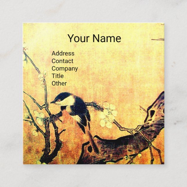 Cartão De Visita Quadrado PRIMAVERA BIRD E FLOWER TREE MONOGRAMA Amarelo (Frente)