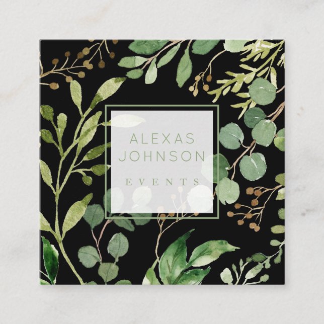 Cartão De Visita Quadrado Primavera de verde moderno preto escuro (Frente)