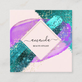 Cartão De Visita Quadrado Professional Framed Gold Beauty Logo Purple Teal