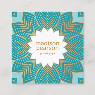 Cartão De Visita Quadrado Professora do Teal Blue Lotus Mandala Flor Yoga