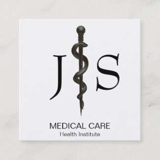 Cartão De Visita Quadrado Profissional Asclepius Médico Simples Preto Branco