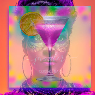 Cartão De Visita Quadrado Pub Bebidas Bar Restaurante Logotipo Coctail Pinky