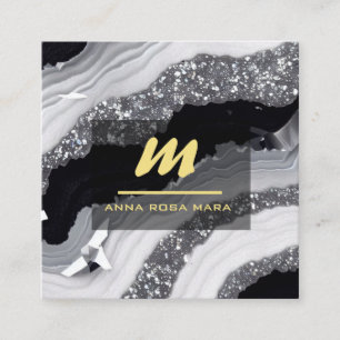 Cartão De Visita Quadrado *~* QR Ágata Preto Branco Dourado Brilho Inicial A