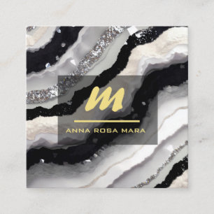 Cartão De Visita Quadrado *~* QR Agate Black White Glitter Dourado Brilhante