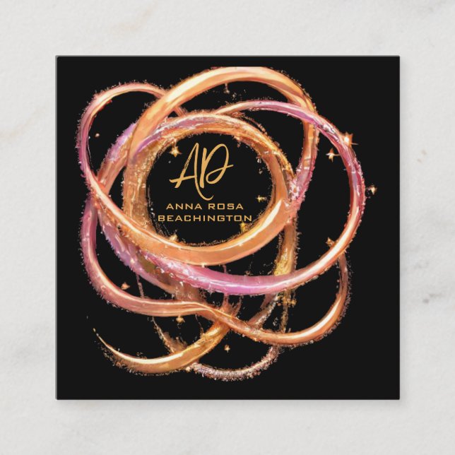 Cartão De Visita Quadrado *~* QR AP65 Anéis Dourados Brilhante Preto (Frente)