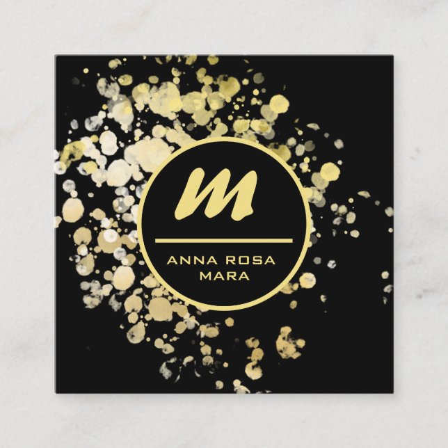 Cartão De Visita Quadrado *~* QR Black Dourado Glitter Dramatic Elegant AP65 (Frente)