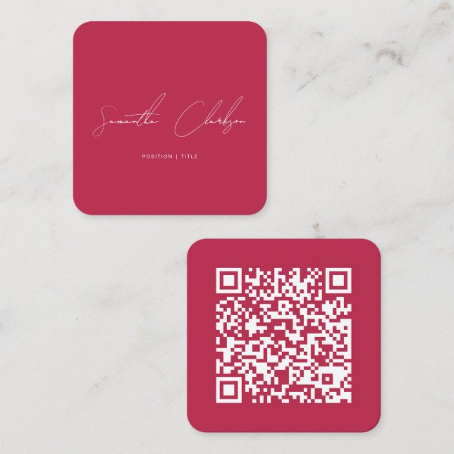 Cartão De Visita Quadrado QR Code Modern Magenta Hot Pink Handwritten Script (Frente/Verso)
