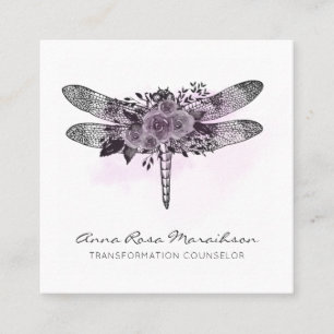Cartão De Visita Quadrado *~* QR LOGO Floral Watercolor CINZA Dragonfly