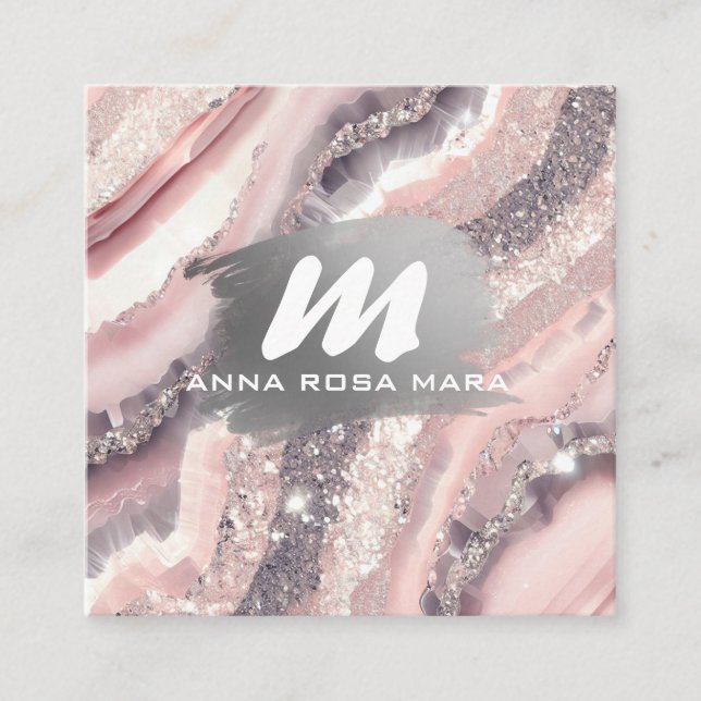 Cartão De Visita Quadrado *~* QR Silver AP66 Glitter Agato Rosa (Frente)