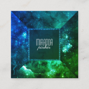 Cartão De Visita Quadrado Quadrado azul verde da galáxia de Starfield